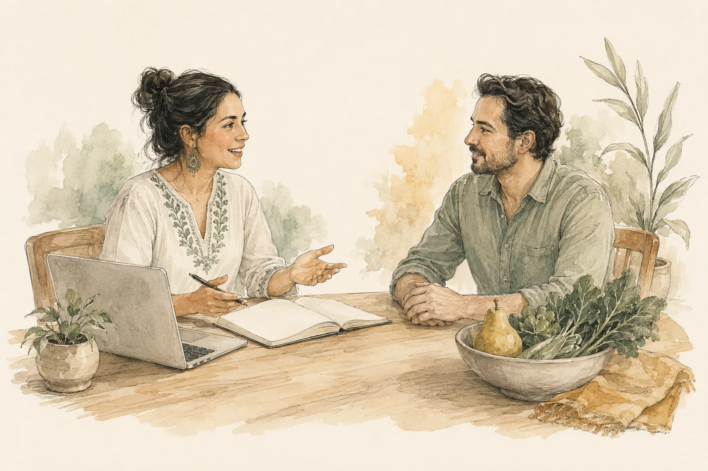 Una conversación en una consulta de nutrición, ilustrada en tinta sobre papel cálido.